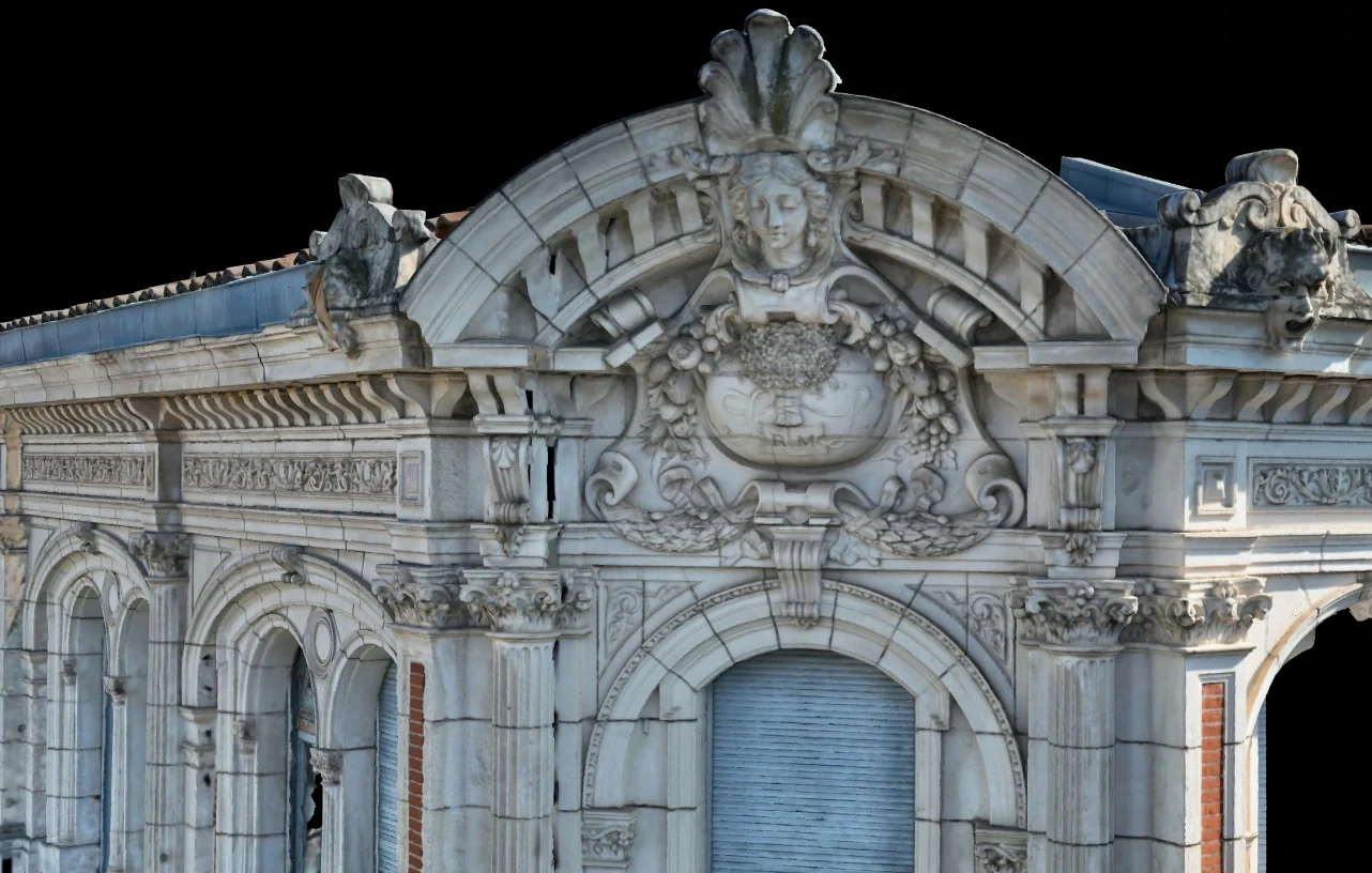 Modèle texturé du fronton sculpté de la façade rue de Metz à Toulouse