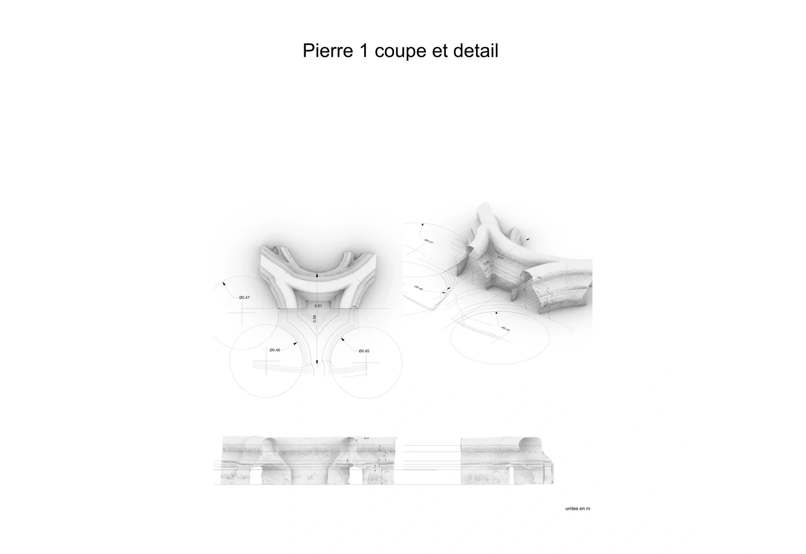 Planche de coupe et détail d’une pierre sculptée